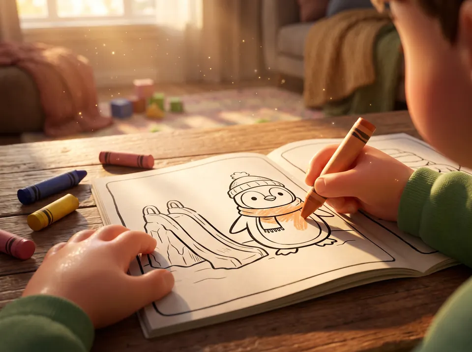A child coloring a printed penguin page with crayons