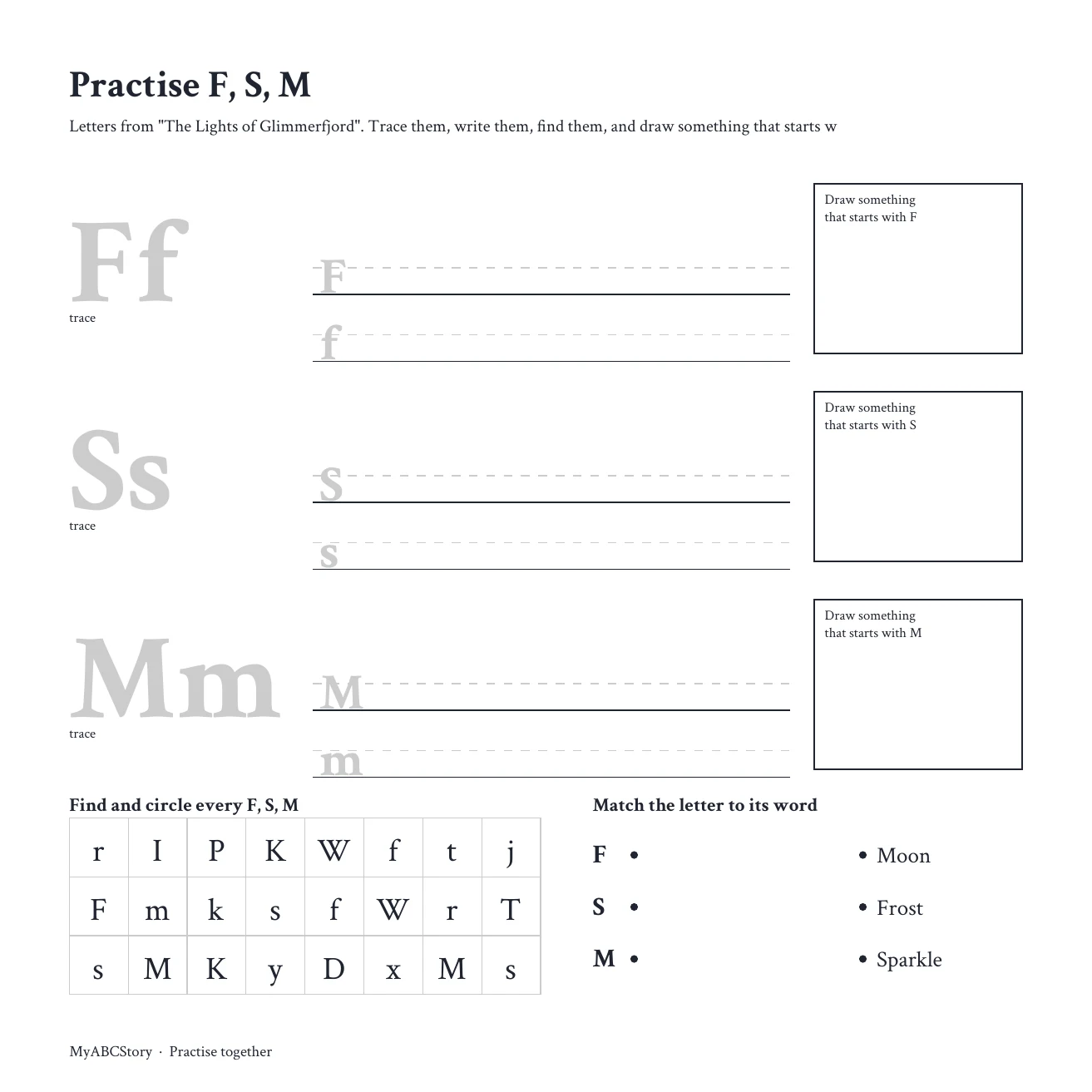 Activity page: Practise F, S, M. Trace, write, find and match the letters F, S, M.
