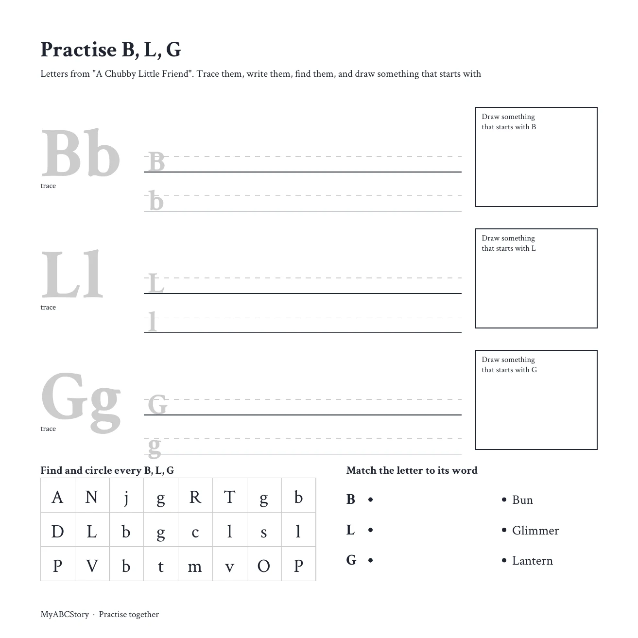 Activity page: Practise B, L, G. Trace, write, find and match the letters B, L, G.