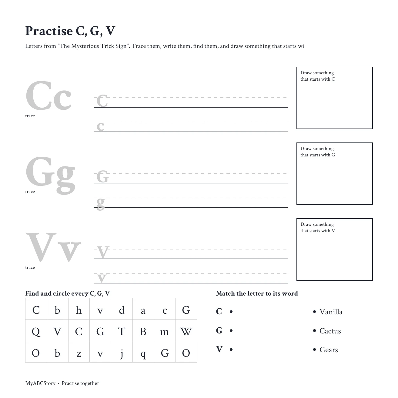 Activity page: Practise C, G, V. Trace, write, find and match the letters C, G, V.