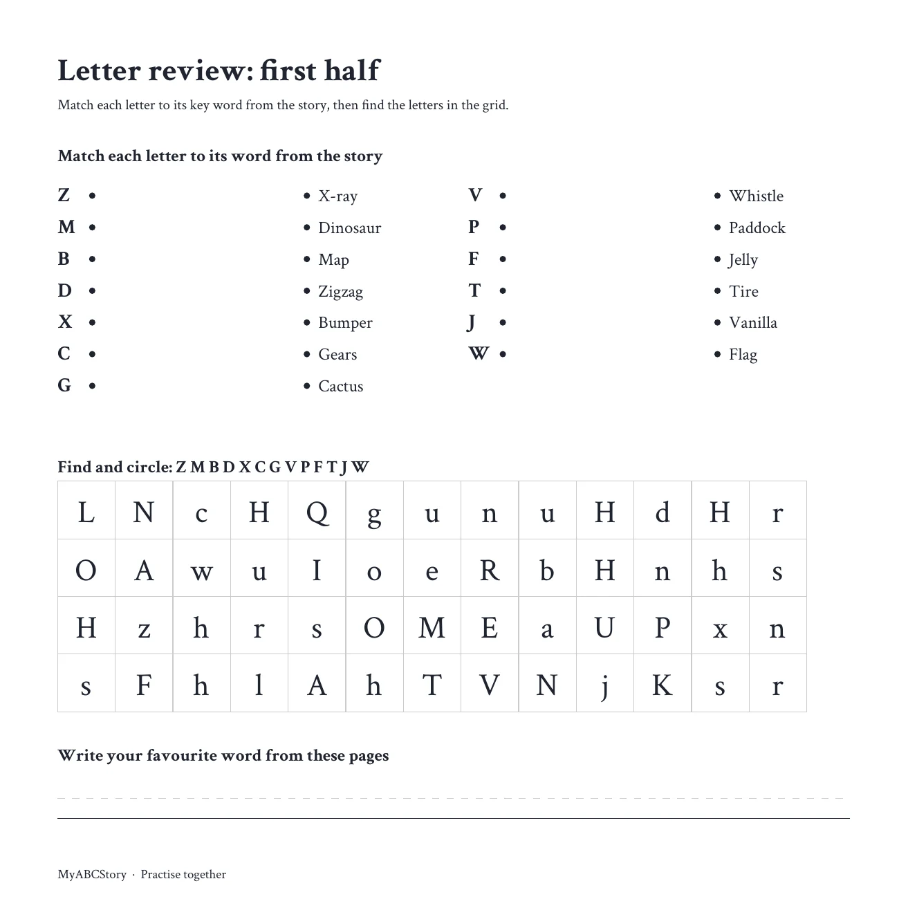 Activity page: Letter review: first half. Trace, write, find and match the letters Z, M, B, D, X, C, G, V, P, F, T, J, W.