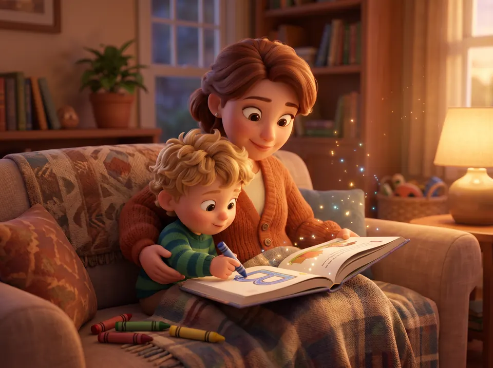 A parent and child reading a printed picture book together on the sofa